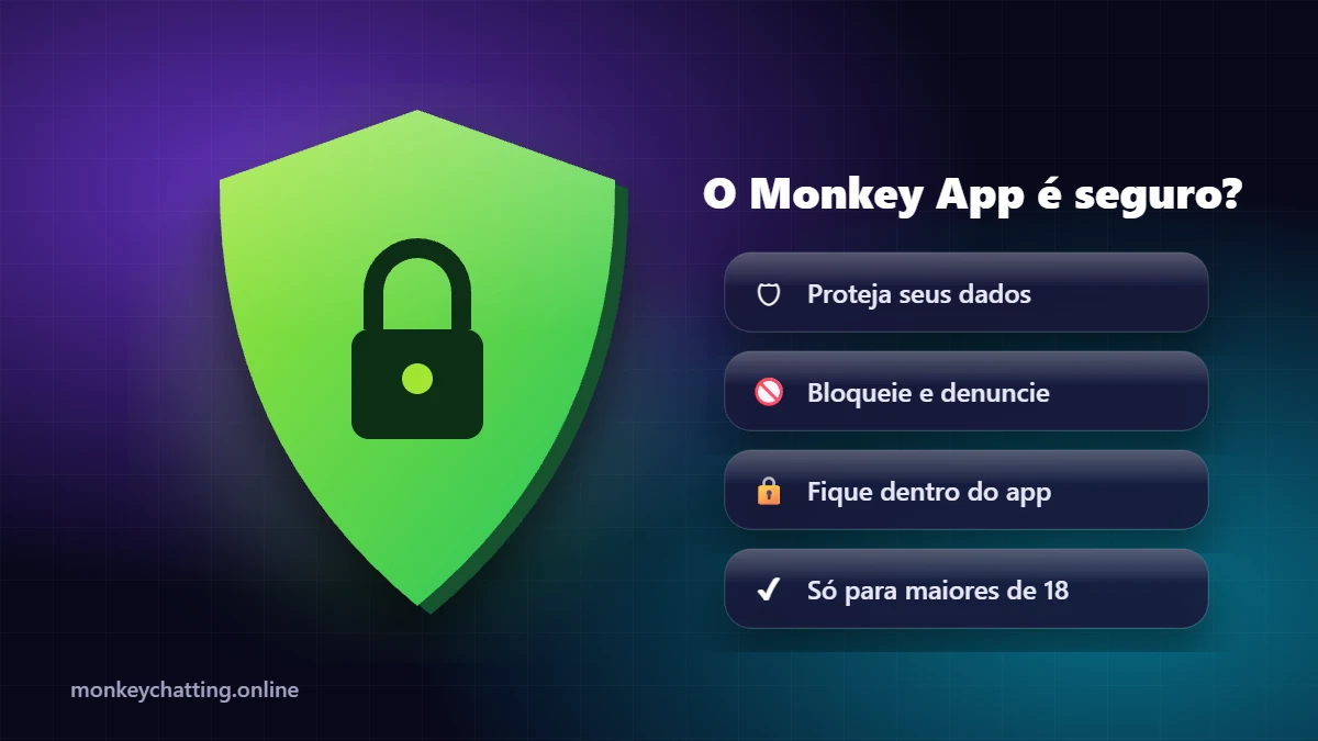 O Monkey App é seguro O Monkey App é seguro - escudo 3D com dicas de segurança para chat de vídeo